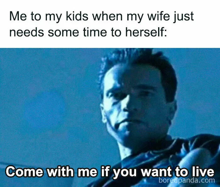 Meme for parents featuring a serious man telling kids to come with him for some time to themselves.