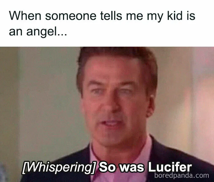 Man in suit reacting to a relatable meme for parents joking about kids not being angels.