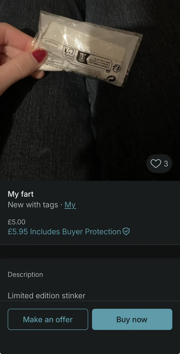 Hand holding a small sealed package with a humorous Vinted post listing an unhinged item for sale.