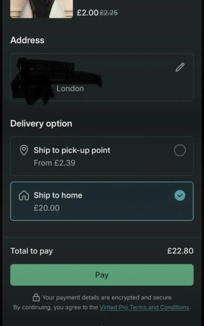 Checkout screen on Vinted showing delivery options with an unreasonably high £20 shipping fee for shipping to home.