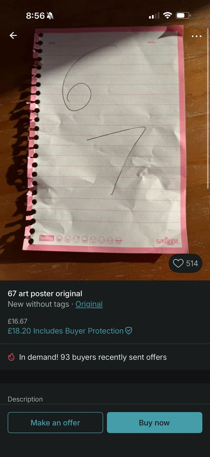 Handwritten numbers on lined paper listed as an original art poster in a Vinted post with many recent offers.
