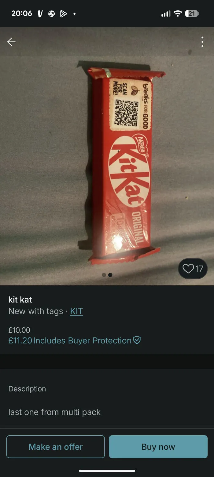 Kit Kat chocolate bar listed for sale on Vinted with an unusual price in unhinged Vinted posts.