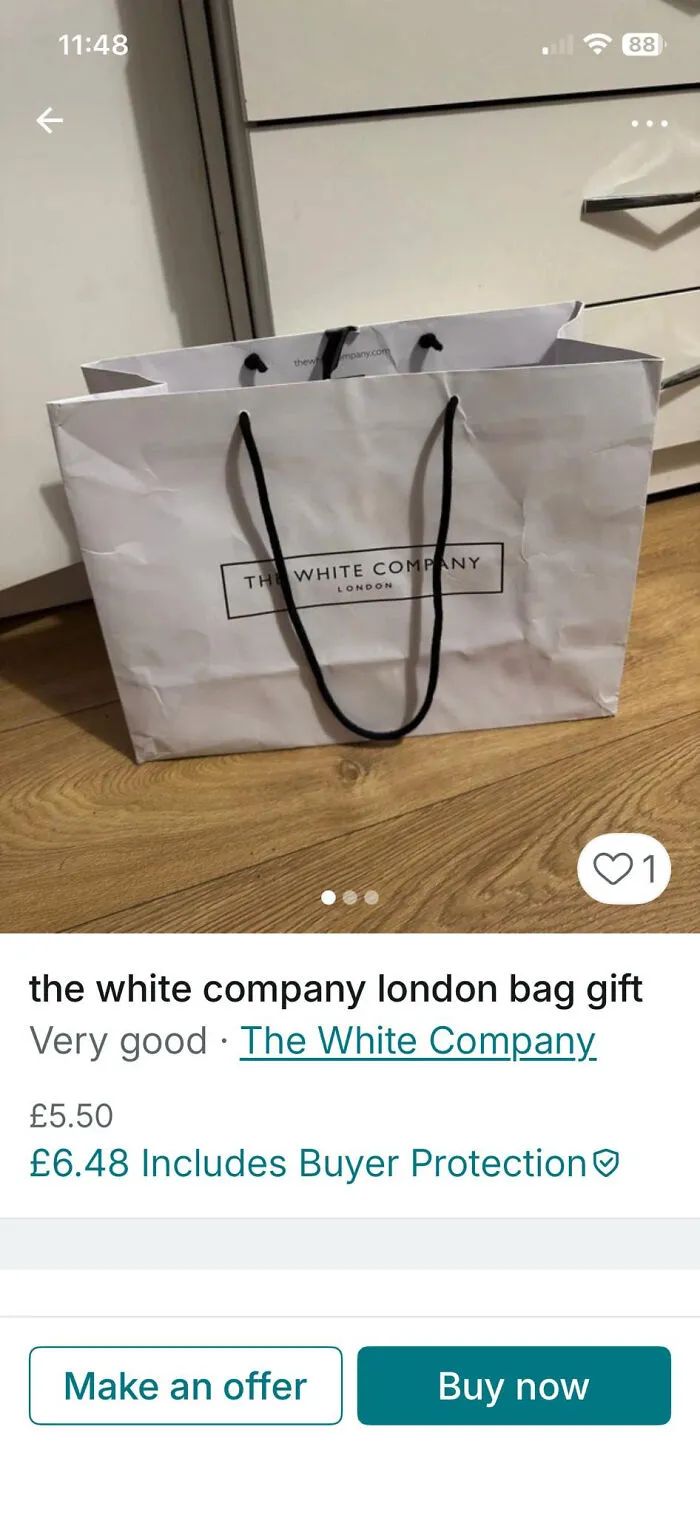 Crumpled White Company London branded gift bag for sale on Vinted, part of unhinged Vinted posts collection.