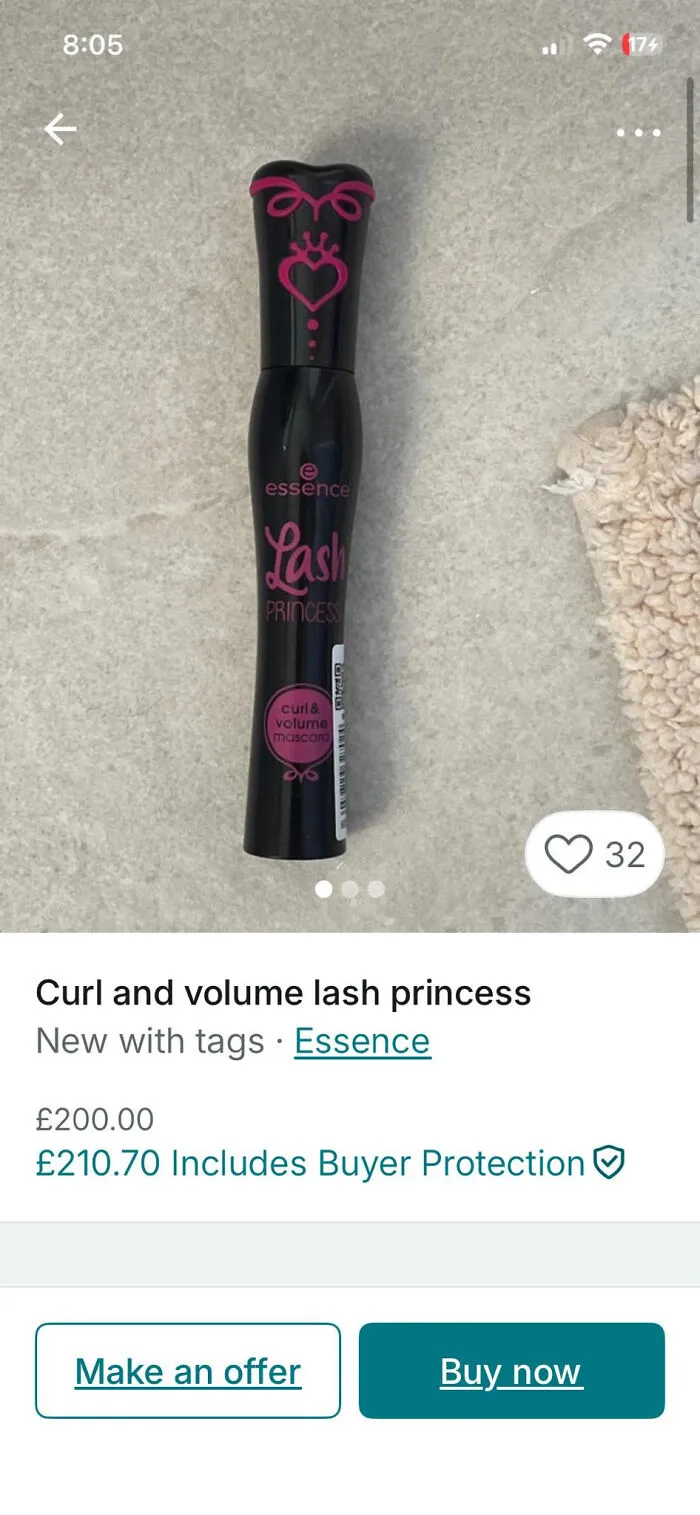 Essence Lash Princess mascara shown on Vinted listing with an unusually high price, sparking second take reactions.