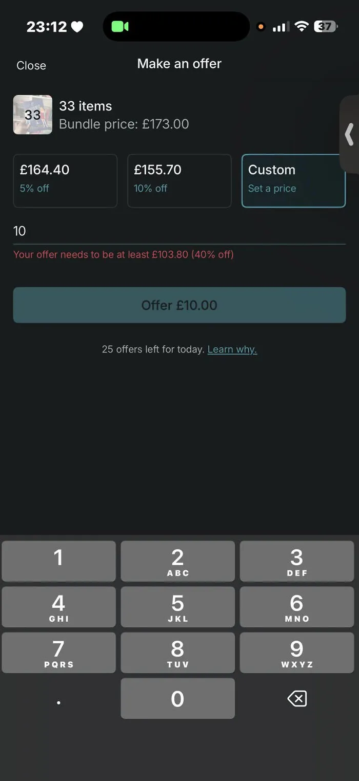 Vinted bundle offer screen showing a buyer trying to offer £10 on 33 items priced at £173 with a required minimum of £103.80.