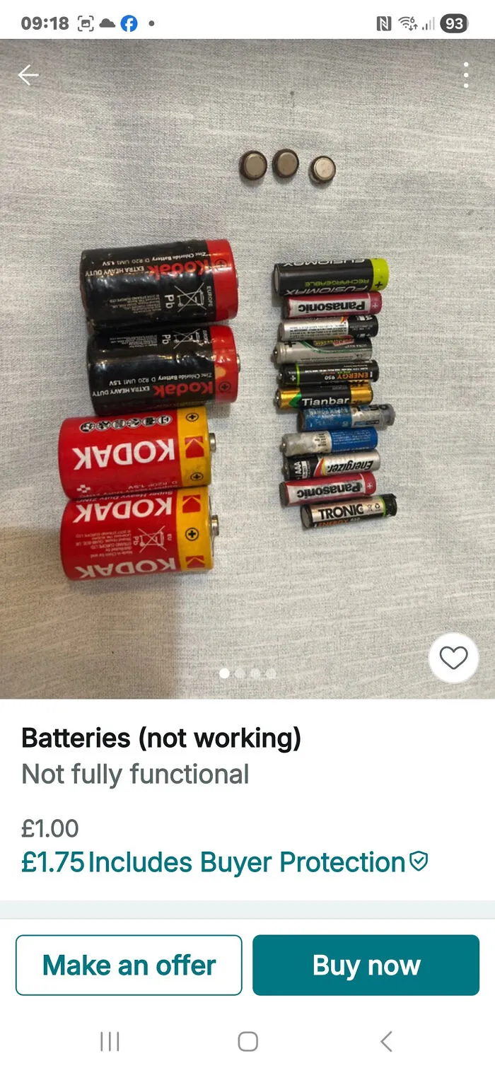Various used and non-working batteries displayed in a Vinted listing, highlighting unhinged Vinted posts humor.