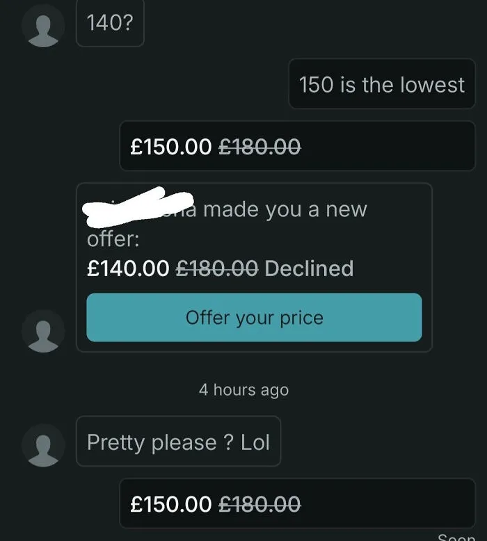 Chat conversation showing negotiations on Vinted with offers and declines between £140 and £150 on a £180 item.