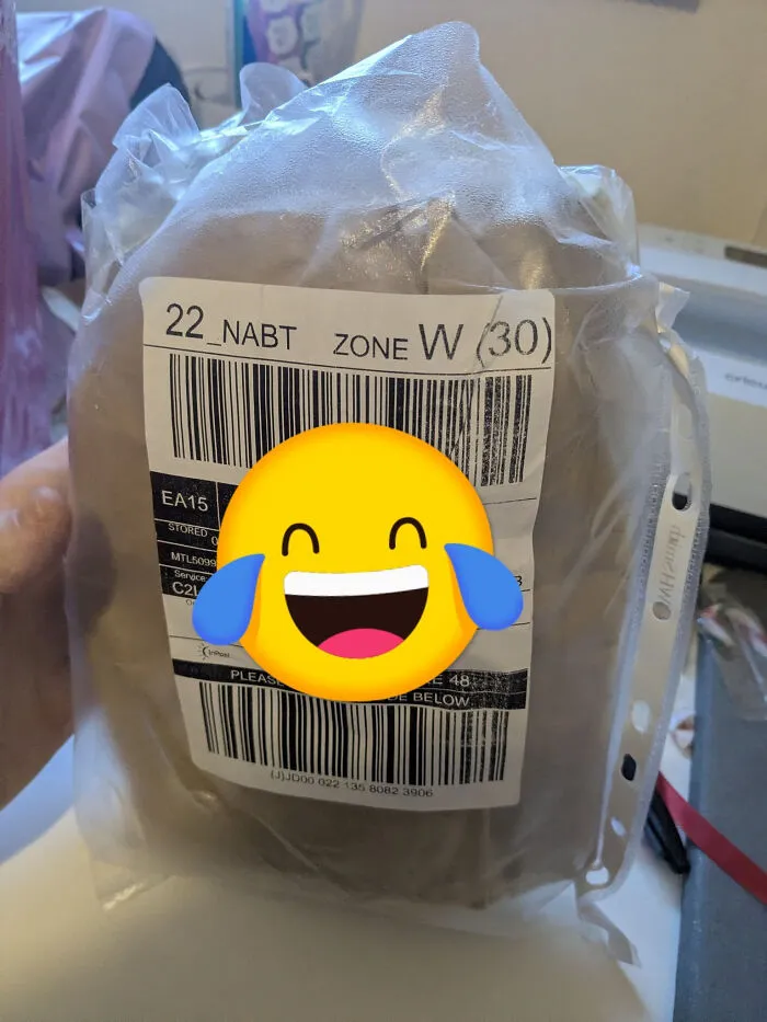 Frozen item held in packaging with barcode labels, featured in unhinged Vinted posts causing a double take.