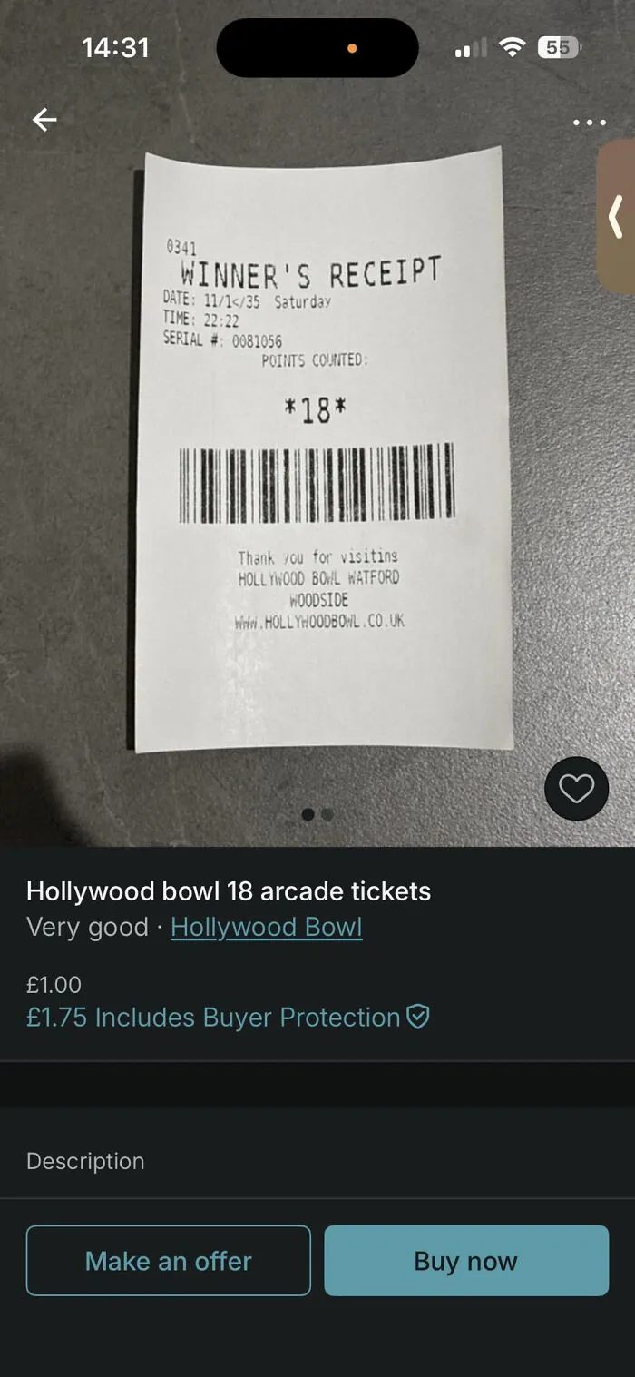 Receipt showing 18 arcade tickets for sale on Vinted, illustrating unhinged Vinted posts that make people do a second take.