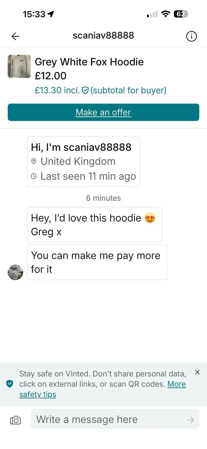 Screenshot of a Vinted chat with a buyer willing to pay more for a Grey White Fox Hoodie listing.