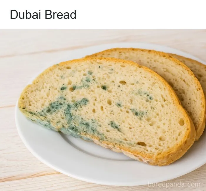 Two slices of moldy Dubai bread on a white plate, illustrating funny and relatable Eastern Europe memes.