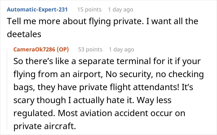 Chat exchange where nanny to the ultra-wealthy discusses private flying experiences and behind-the-scenes insights.