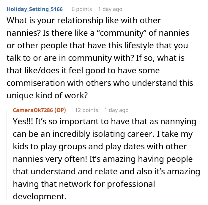 Conversation screenshot showing a nanny discussing the importance of community for nannies to the ultra-wealthy.