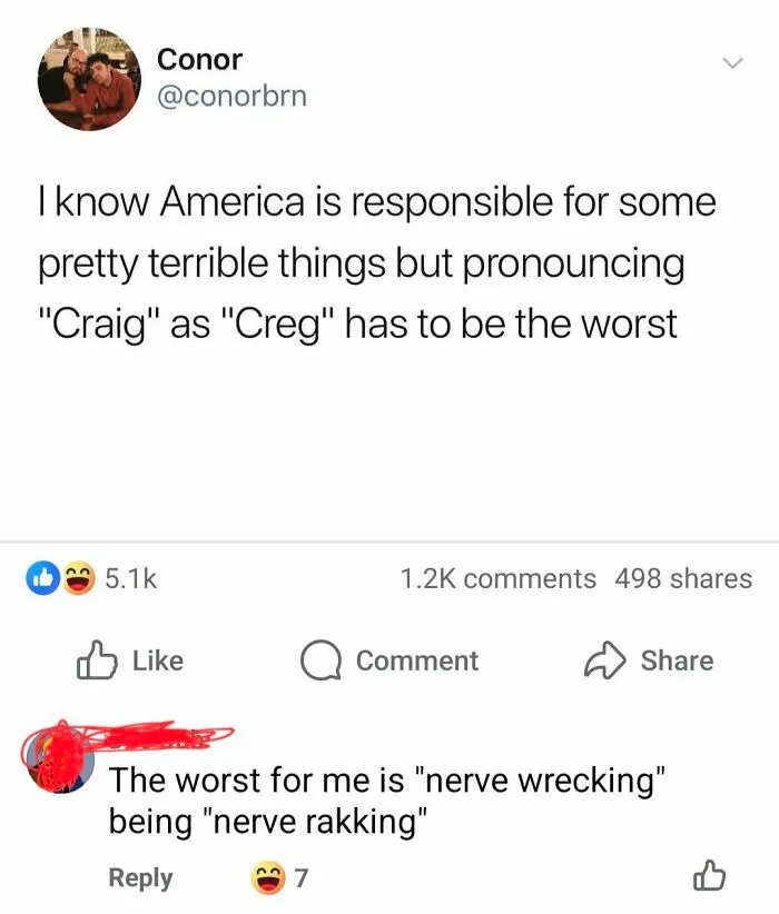 Social media post highlighting funny language mistakes showcasing attempts to fix others that fail hilariously.
