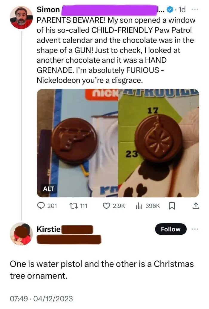 Tweet showing complaints about child-friendly Paw Patrol advent calendar chocolates shaped like a gun and a grenade, highlighting fails.