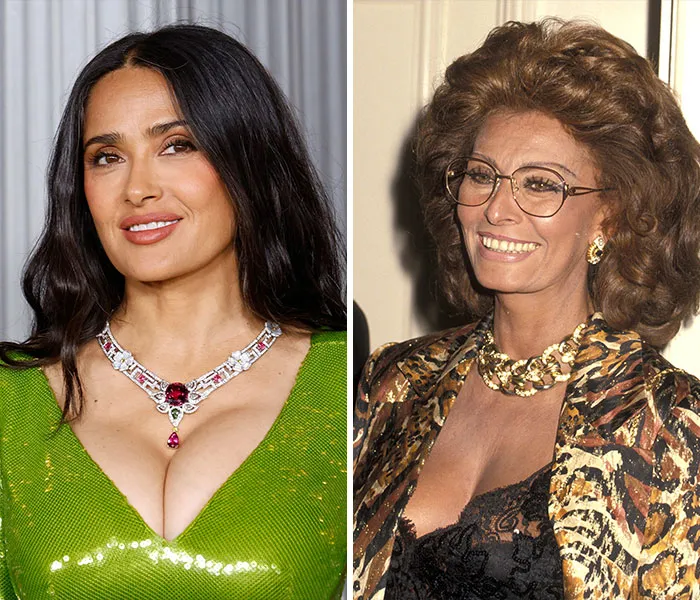 Salma Hayek (2025) & Sophia Loren (1993) – 59 años