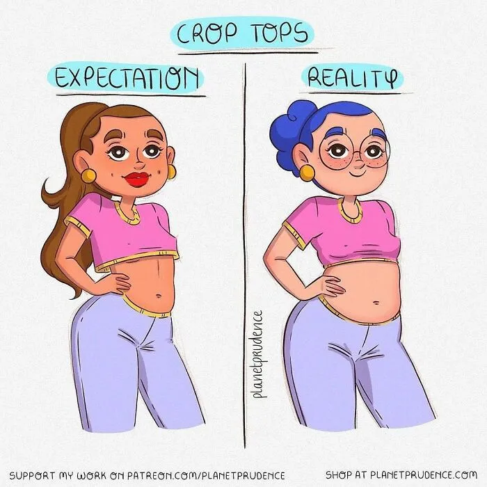 Illustration from Planet Prudence comics showing expectation vs reality of wearing crop tops and being a woman.