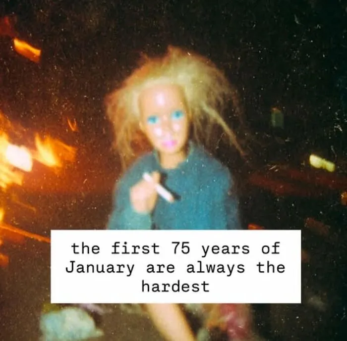 Blurry doll with messy hair holding cigarette next to fire, featuring a relatable meme about the hardest years of January.