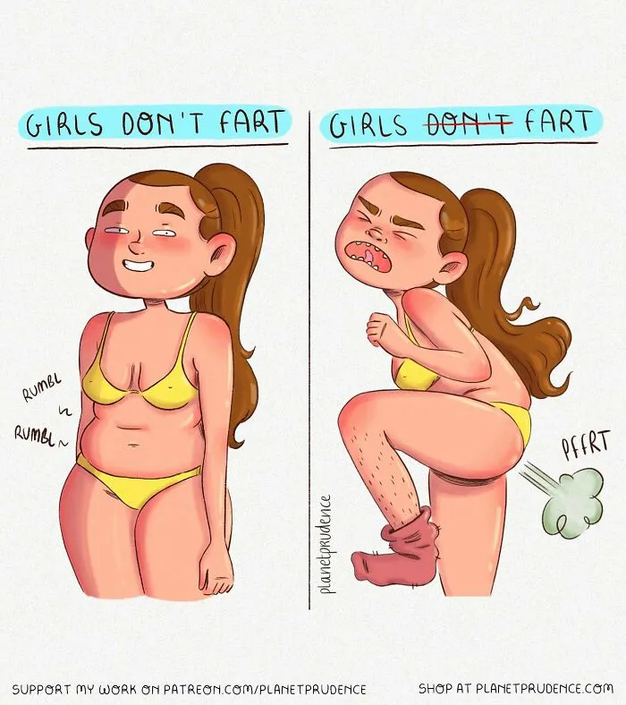 Comic illustration by Planet Prudence humorously showing what being a woman is like with a playful fart scene.