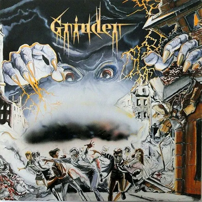 Illustration of a giant monster attacking a city with people running, featured on a hilariously bad album cover sold commercially.