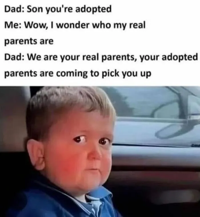 Boy with a confused expression reacting to a dad revealing adoption in a relatable meme about family and identity.