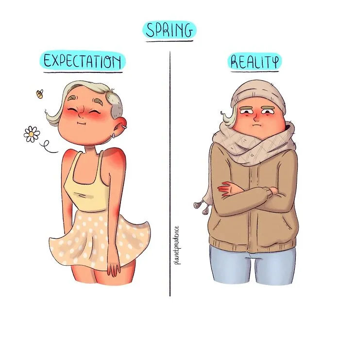 Comic illustration by Planet Prudence showing the expectation vs reality of spring, capturing relatable moments of being a woman.