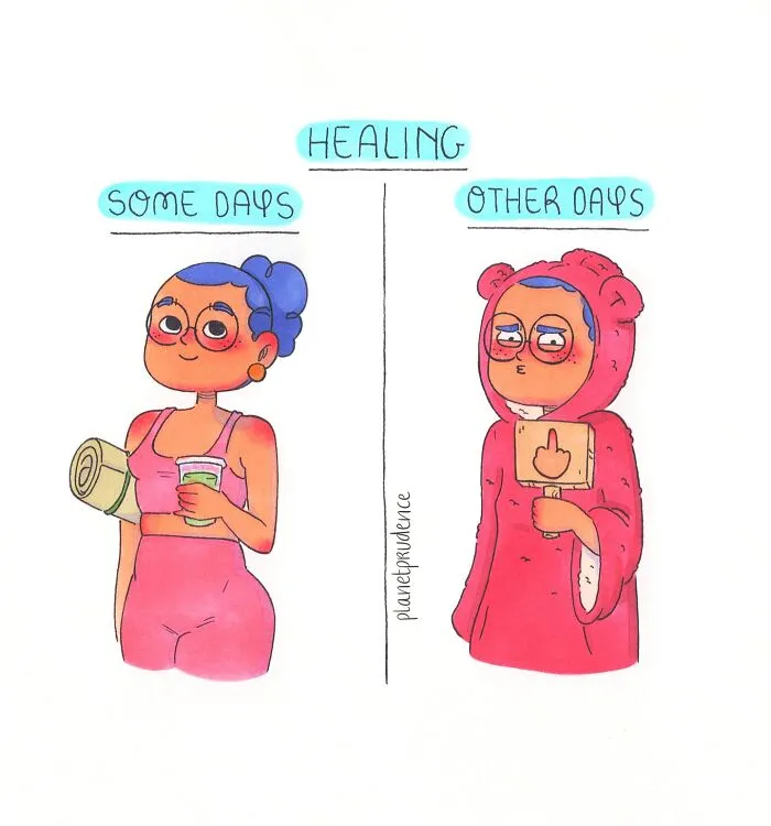 Illustration from Planet Prudence comics showing different days of healing and emotions experienced by women.