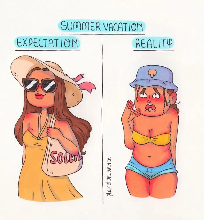 Illustration from Planet Prudence comics showing summer vacation expectation versus reality of being a woman in a humorous way.