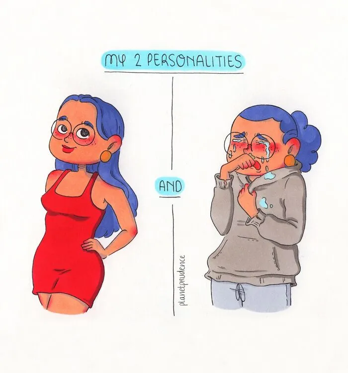 Comic by Planet Prudence depicting two contrasting personalities of a woman, one confident and one emotional, expressing womanhood.