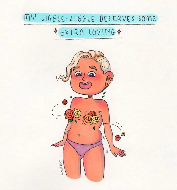 Colorful comic illustration by Planet Prudence of a woman with short hair celebrating body positivity and self-love.