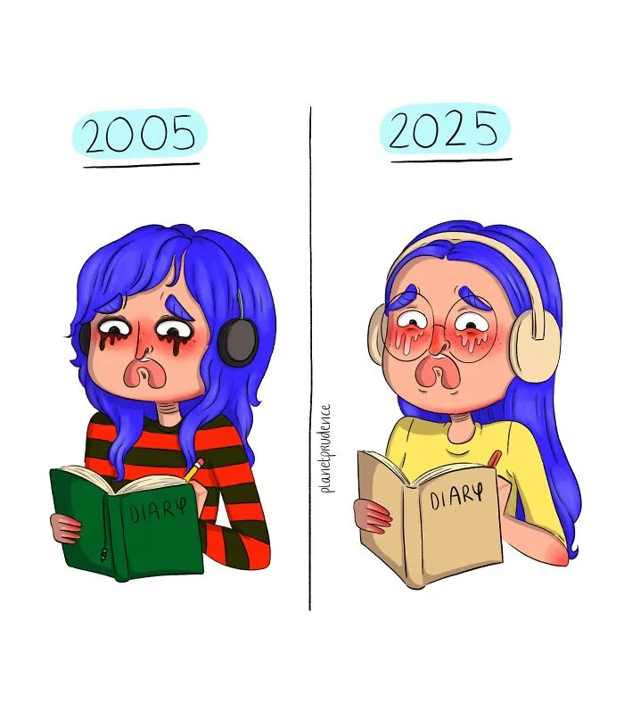 Illustration by Planet Prudence showing a woman crying while writing in a diary, comparing years 2005 and 2025.