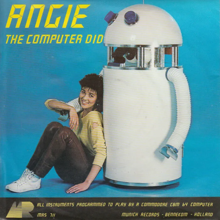 Retro album cover featuring a woman leaning on a robot with exaggerated features and bold yellow text.