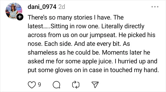 Social media post describing an unhinged passenger behavior witnessed by flight attendants on a plane.