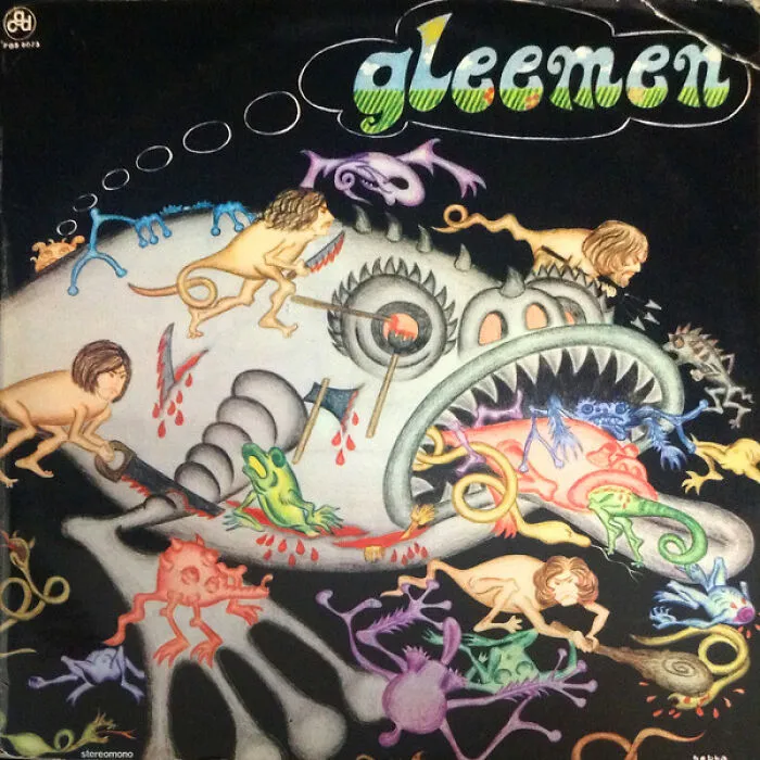 Abstract surreal album cover art featuring creatures and miniature humans on a giant skull for hilariously bad album covers.