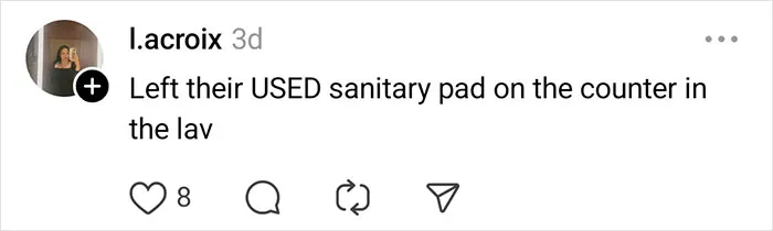 Screenshot of a social media post where a flight attendant describes a passenger leaving a used sanitary pad on the lavatory counter.