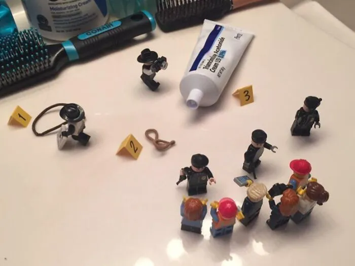 My Brother Cleaned And Organized Our Bathroom While I Was Away Last Week. Last Night I Accidentally Left Some Things Out, So He Set This Little Scene Up With His Legos