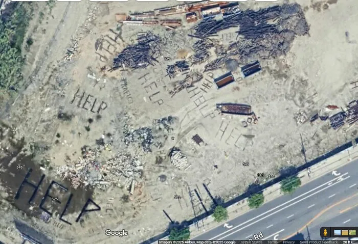 Vista aérea de un terreno con la palabra HELP escrita repetidamente, imagen relacionada con publicaciones escalofriantes que cuestionan la realidad.