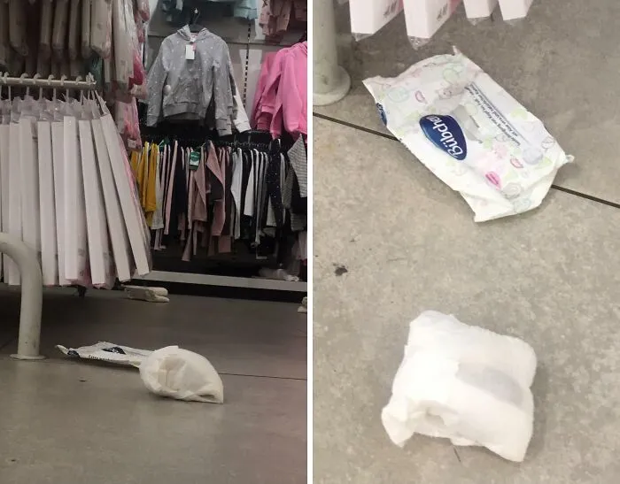 Paquete de toallitas desechables y basura tirados en el suelo de una tienda, ejemplo de mala conducta para avergonzar en línea.