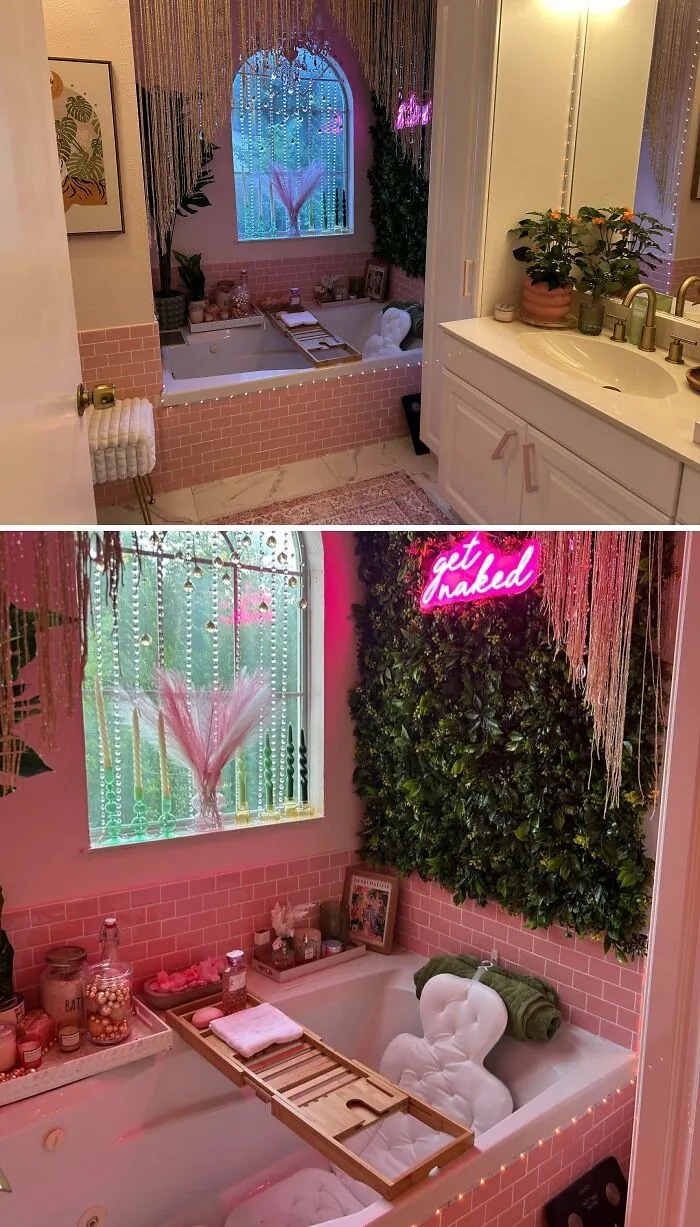 Bathroom with pink tile, lush greenery wall, and decorative plants showcasing unique home decoration ideas.