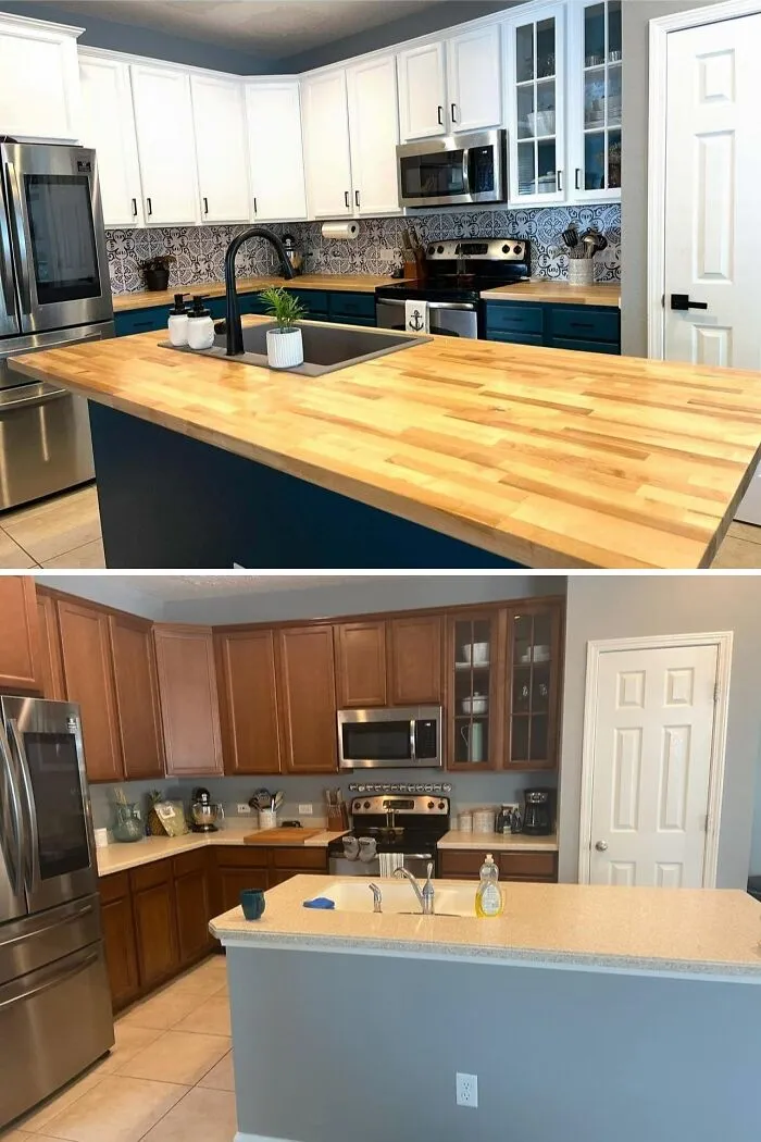 Modern kitchen home decor with wood countertops and blue and brown cabinets showcasing proud home decorating styles.