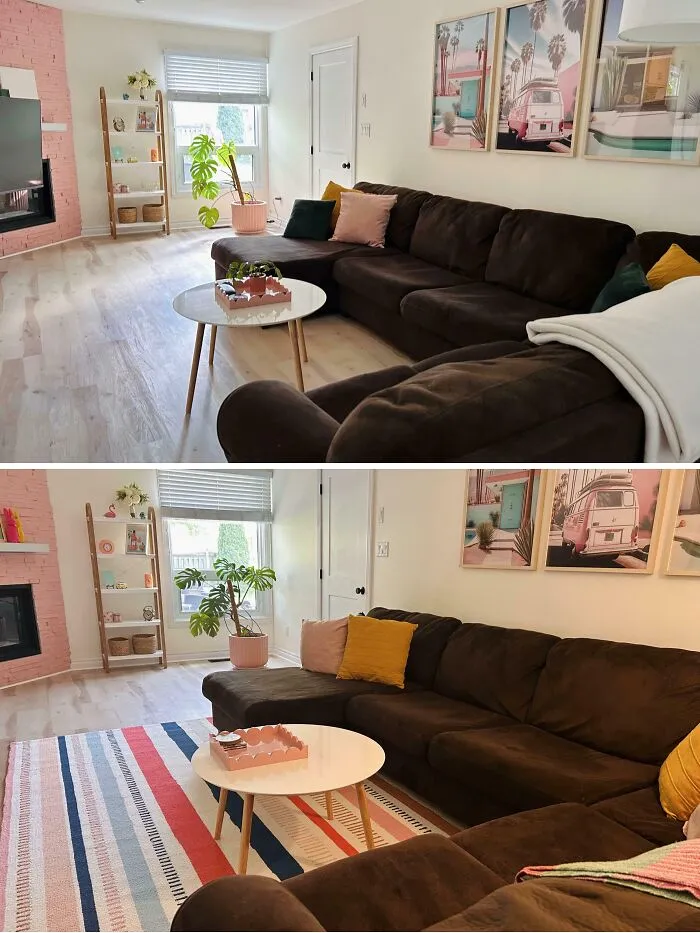 Cozy living room with dark sectional sofa, colorful pillows, modern coffee table, vibrant rug, and stylish home decoration.