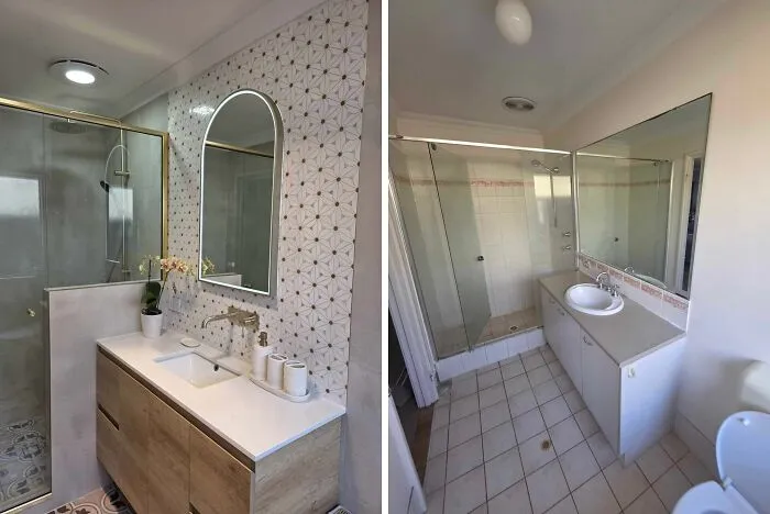 Modern bathroom renovation showcasing stylish home decoration with a sleek vanity and patterned tiled wall.