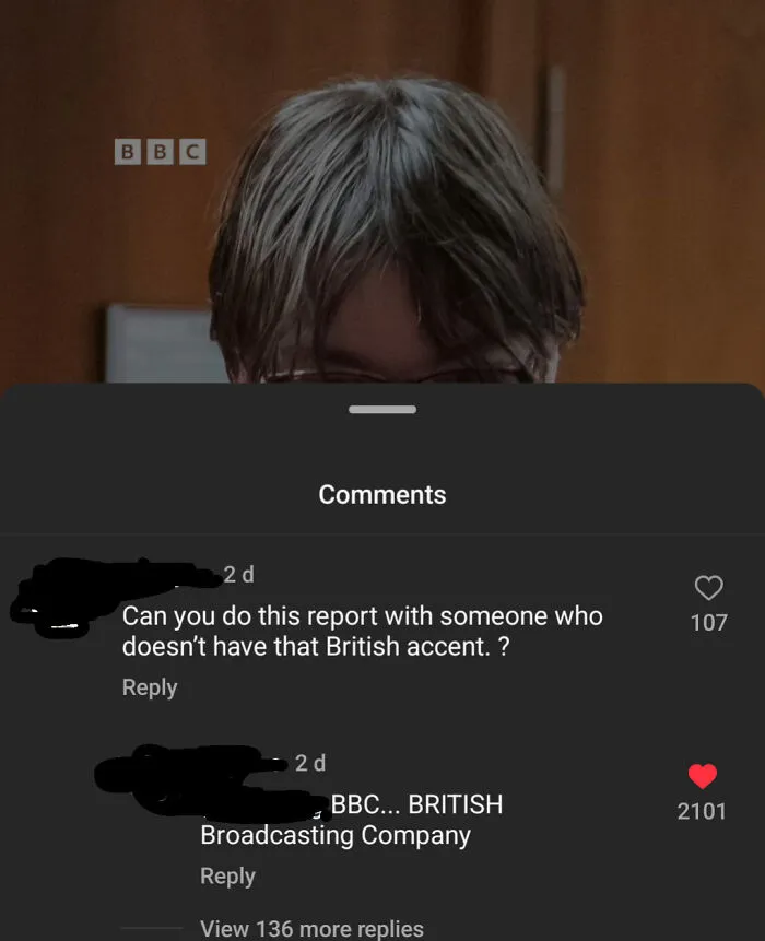 Screenshot of ridiculous American internet comments discussing a British accent on BBC, showcasing funny online roasting.