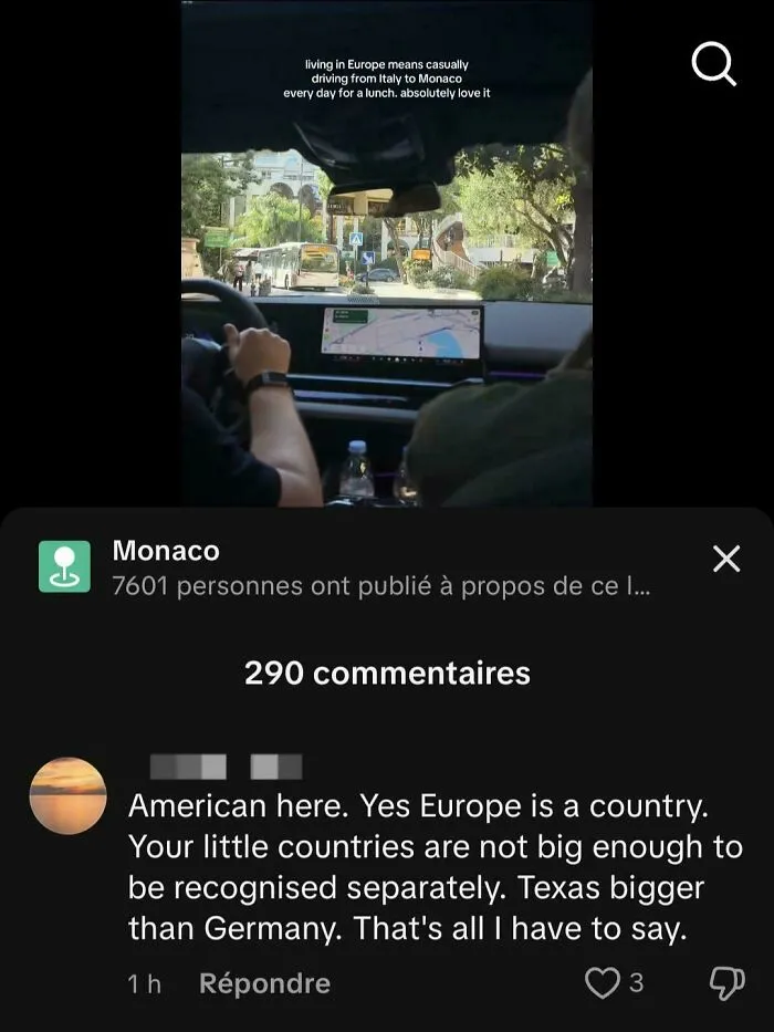 Image of a car interior with a GPS, showing a ridiculous American internet comment about Europe to be roasted.