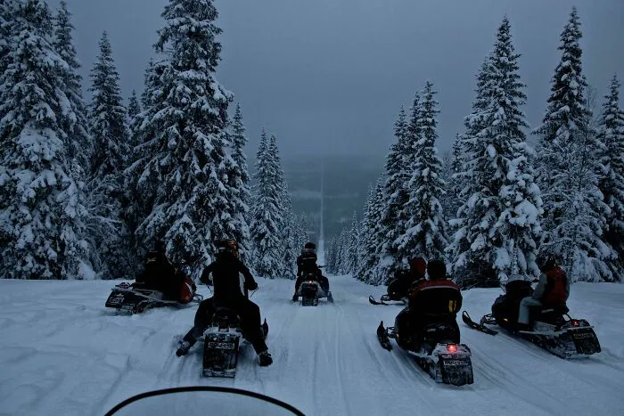 Group of people riding snowmobiles through snowy forest trail showcasing impressive things countries implemented in winter recreation.