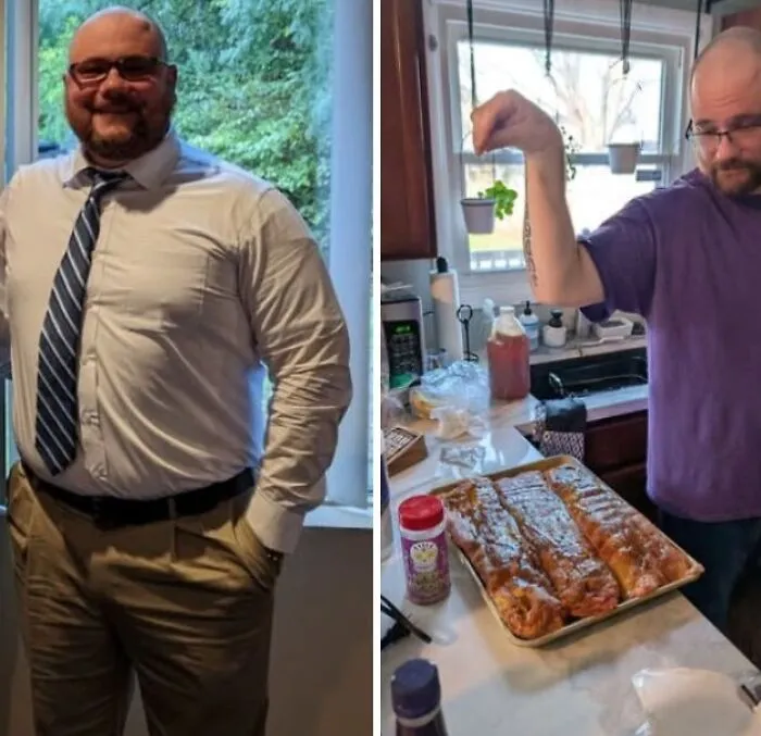 Kinda Proud Of My Progress.  Left Is From Oct 2022.  Right Is From This New Years Eve.  Down 80 Pounds.  From A 44" To A 34" And From A 3xl Shirt To An Xl.  Pretty Stoked
