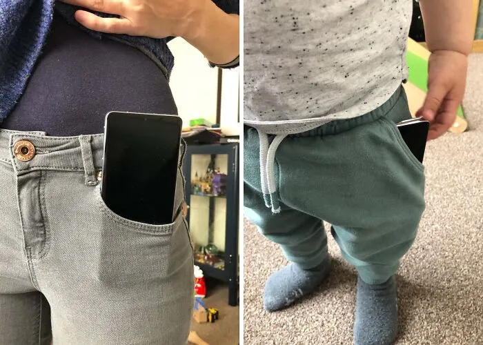 S21 Ultra en los vaqueros de mi mujer vs. en los pantalones deportivos de mi hijo de 18 meses