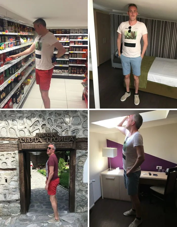 Tall man struggles in low spaces and doorways, illustrating common challenges faced by tall people in everyday situations.