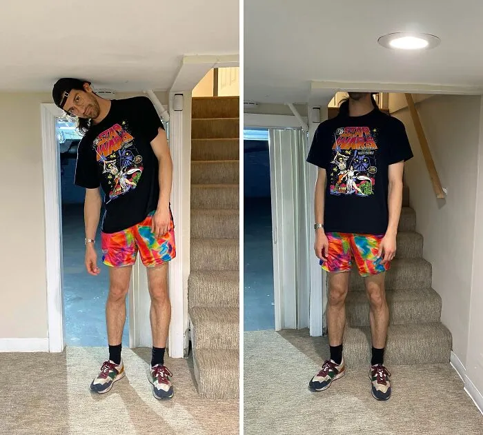 Tall man in colorful shorts struggling to fit under a low ceiling, showing common struggles only tall people face.