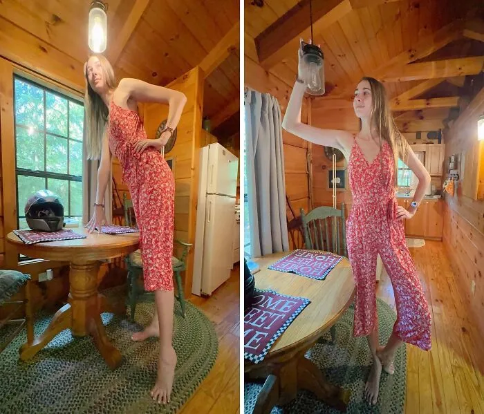 Tall woman in a red dress indoors illustrating common struggles only tall people face in daily life settings.